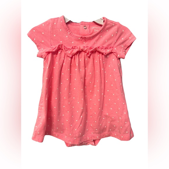 Carter’s Pink And White Heart Print One Piece Dress Bloomer Outfit 12 Months - Picture 1 of 3